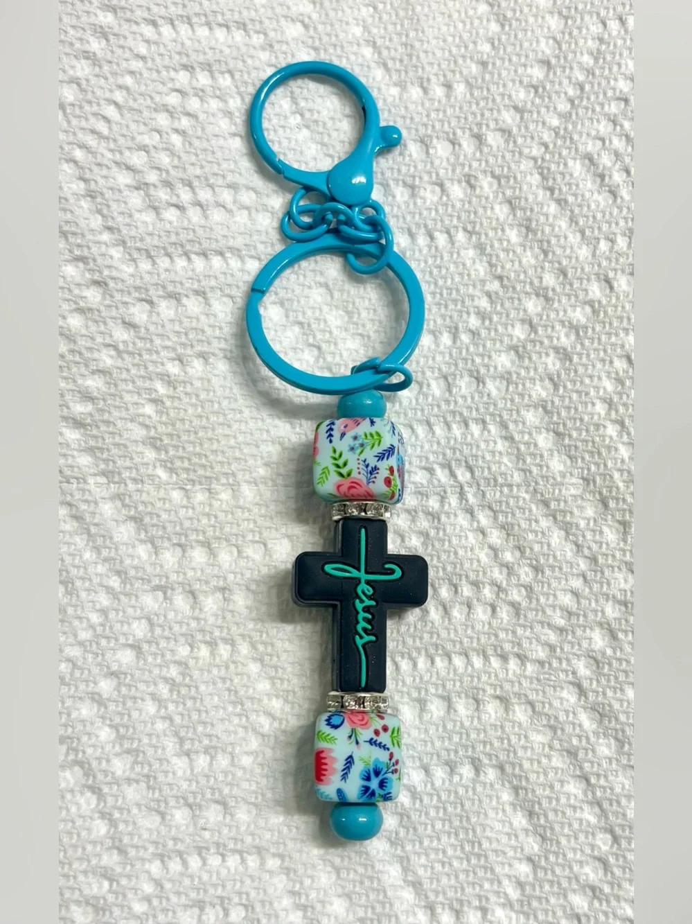 NIP Turquoise Blue Cross Keychain with Floral Beads
